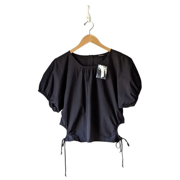 Madewell NWT Poplin Puff-Sleeve Side Cinch Cutout  Top sz XS in‎ Black - Picture 7 of 13